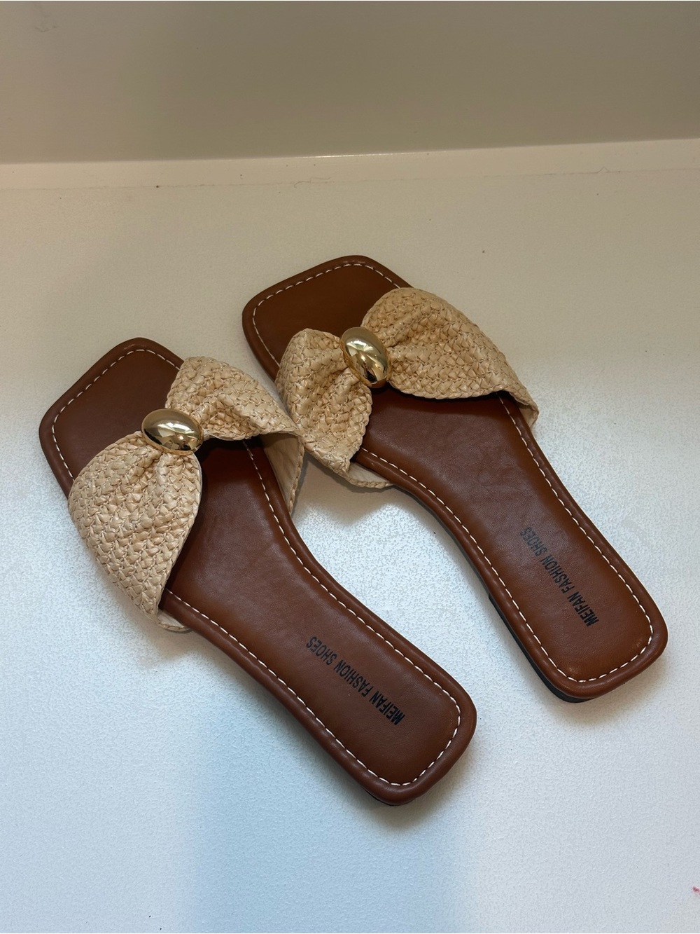 SHEIN Beige Woven Bow Slide Sandals with Gold Accent